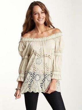 Silk Cotton Cream Peasant Top Off-Shoulder Tunic XS Embroidered Boho